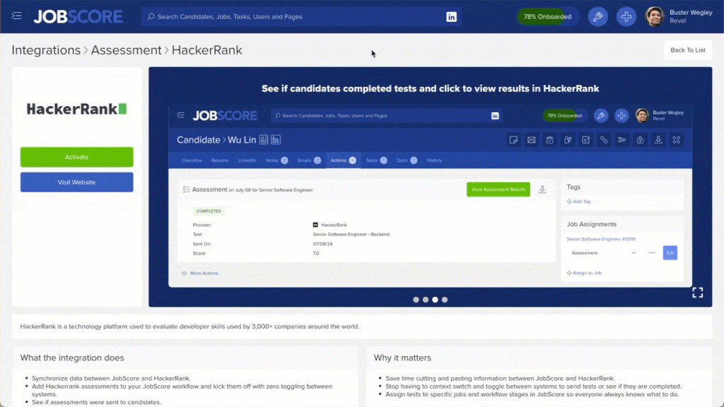 Connecting HackerRank to JobScore from integrations page