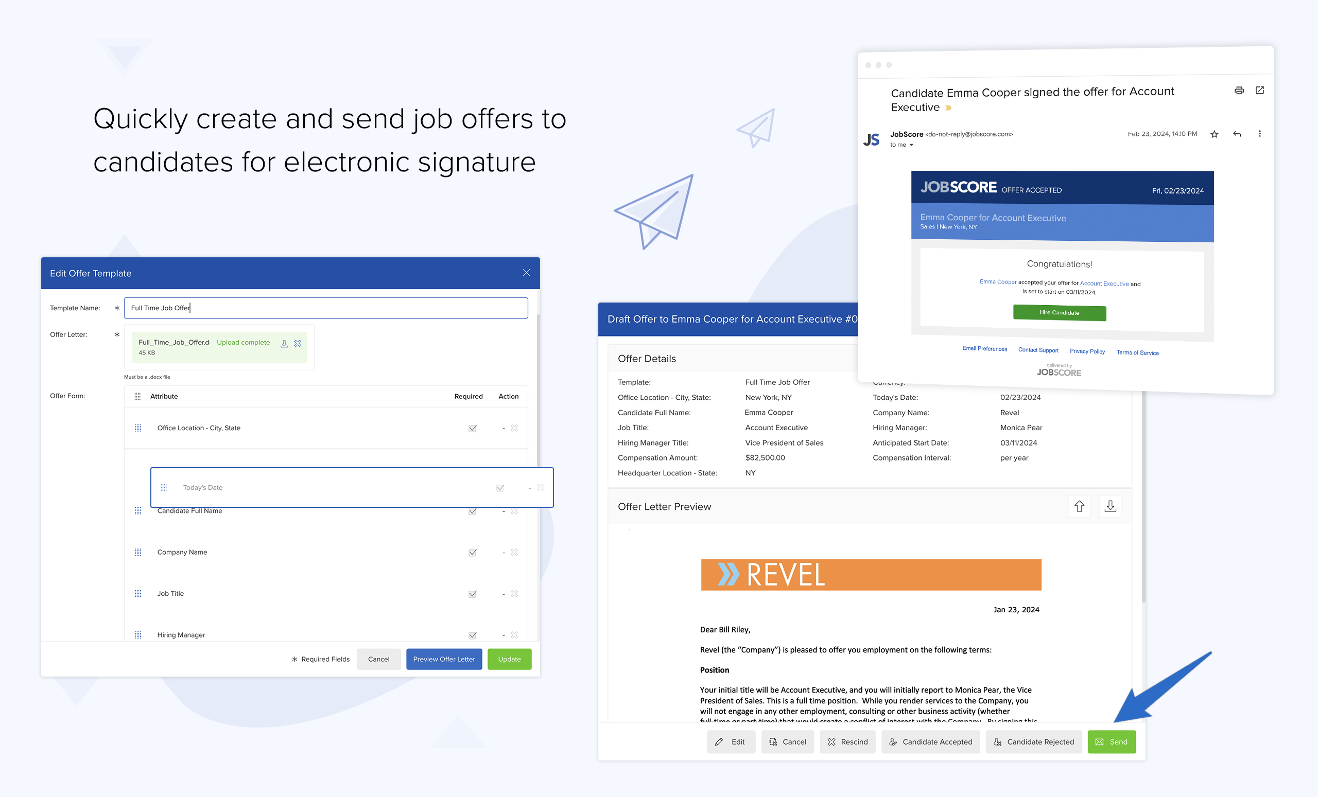 Quickly create and send job offers to candidates for electronic signature | recruiting software offers